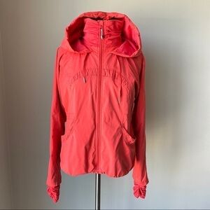 𝅺lululemon Red Orange Light Hooded Jacket Size 8 Ruffle Trim Thumb Holes